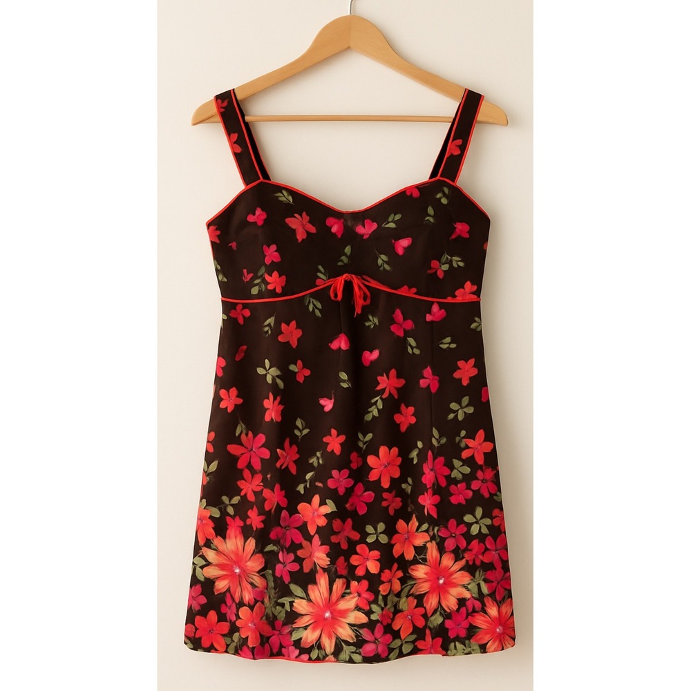 Y2K Vintage R&K Sz 16 Womens‎ Floral Brown Pink Sleeveless VNeck Dress Feminine